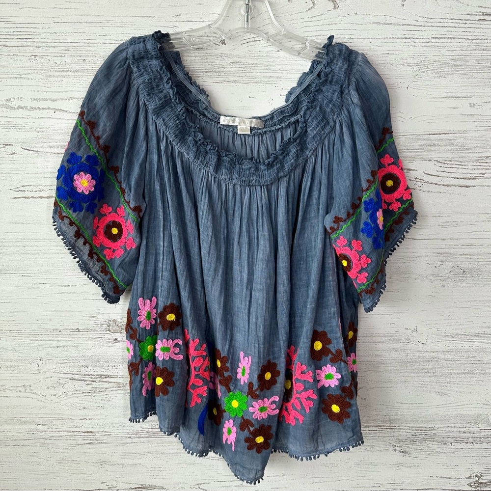 BOSTON PROPER Embroidered Floral Boho Hippie Flower Child Retro Top M Festival